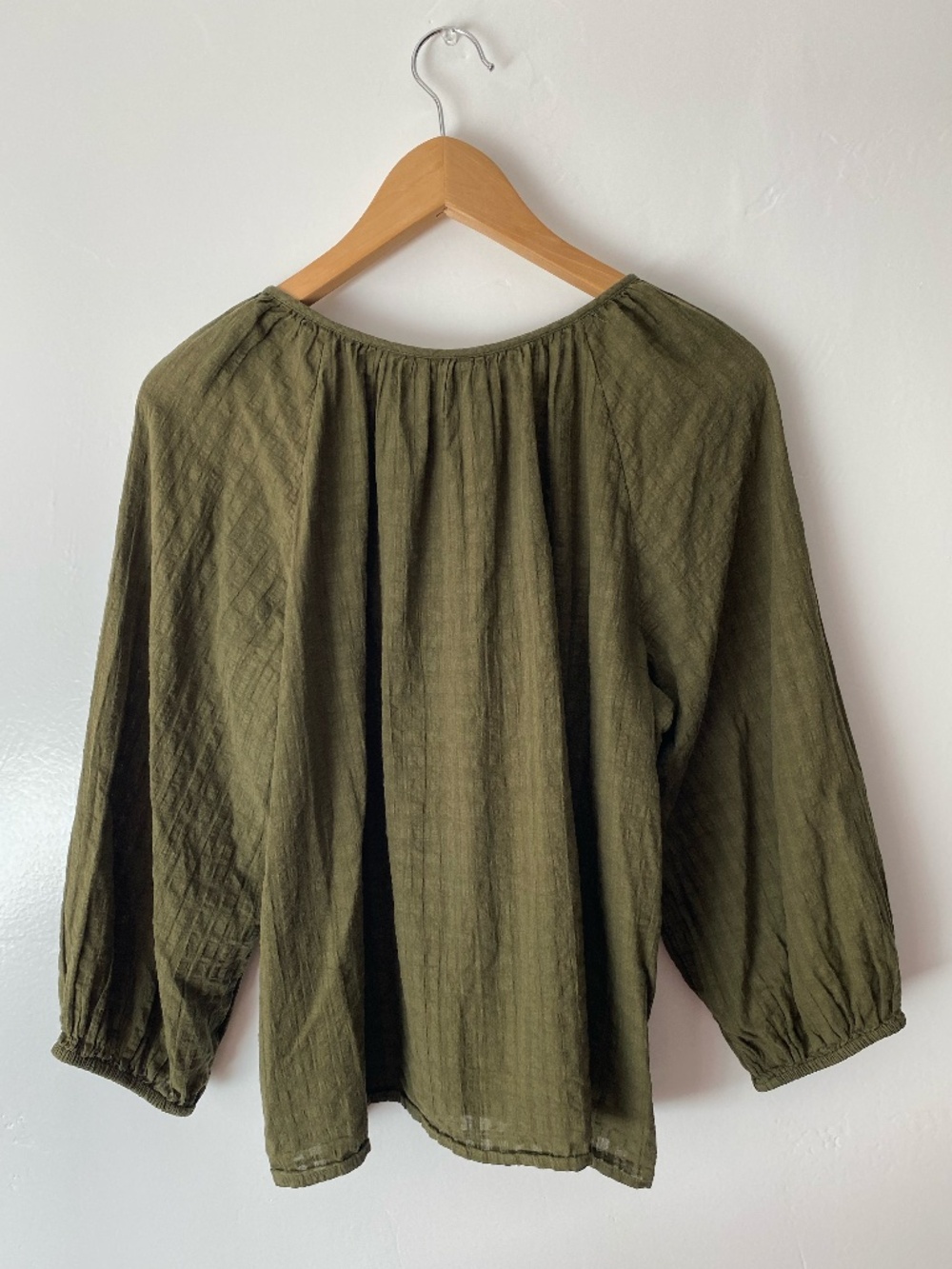 GAP Olive Green 100% Cotton Peasant Blouse 3/4 Ballon Sleeve Size M Women's - Picture 4 of 7